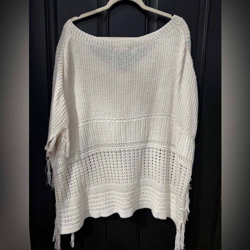 V-Neck Open Knit Poncho Sweater in Cream - Picture 3 of 3